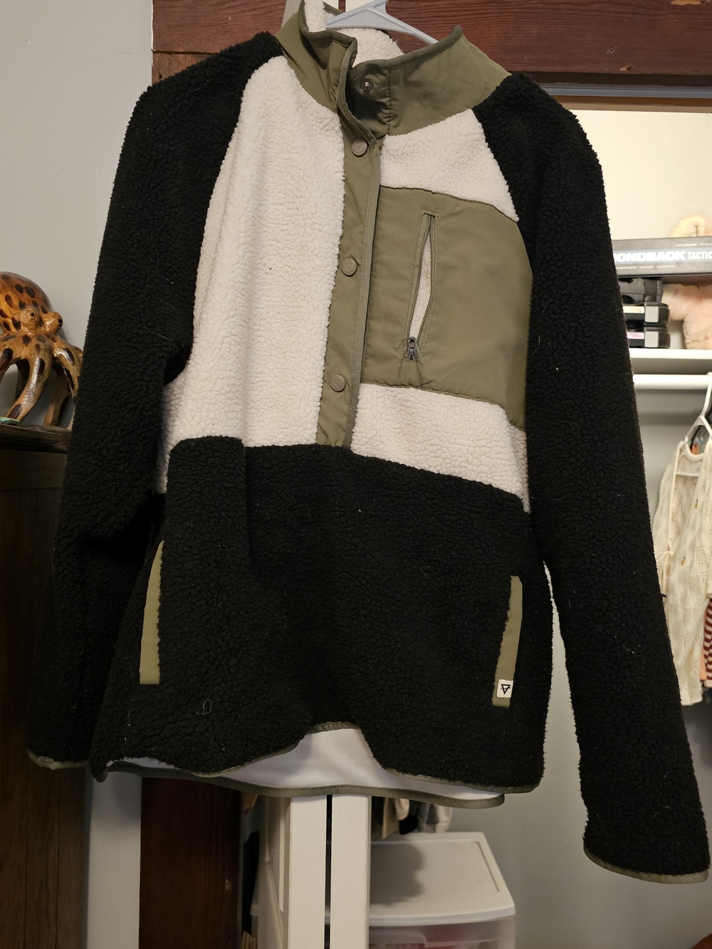 Colorblock Teddy Jacket - Black, Cream & Olive